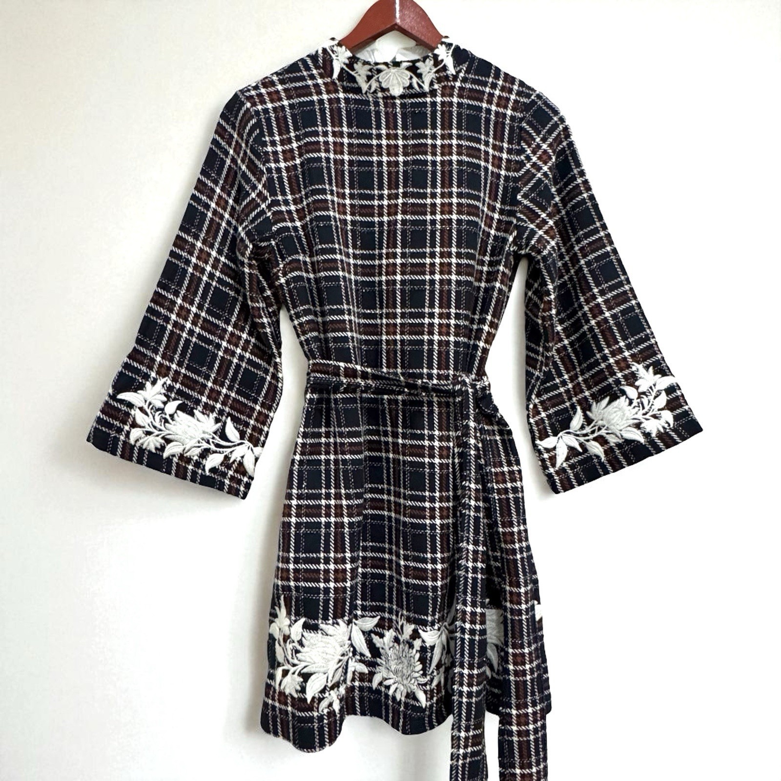 Fanm Mon Plaid Tweed Mini Dress Embroidered Belted Size Medium